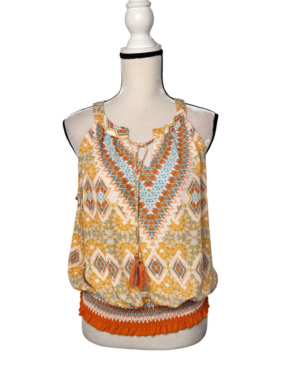 Rose + Olive Halter Boho Southwestern Print Top Size L